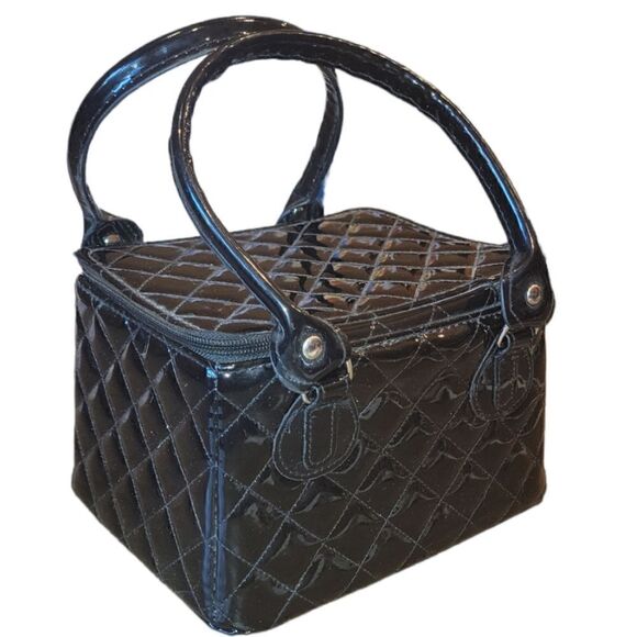 Caboodles Black Faux Patent Leather Sassy Tapered Makeup Tote Travel Case Set - Picture 6 of 16